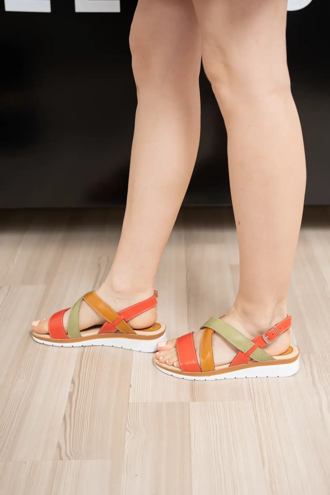 Sandale dama confort, Glemis, piele naturala - Cod: f-4.88, Culoare: Verde+portocaliu, Talpa: Maro, Numar: 36