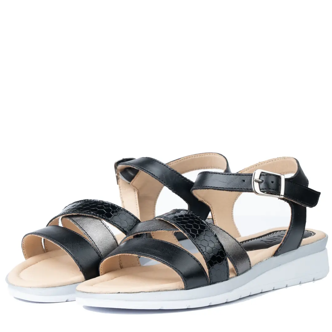 Sandale dama confort, Glemis, piele naturala - Cod: f-4.87, Culoare: Negru Box Sarpe, Talpa: Gri, Numar: 40