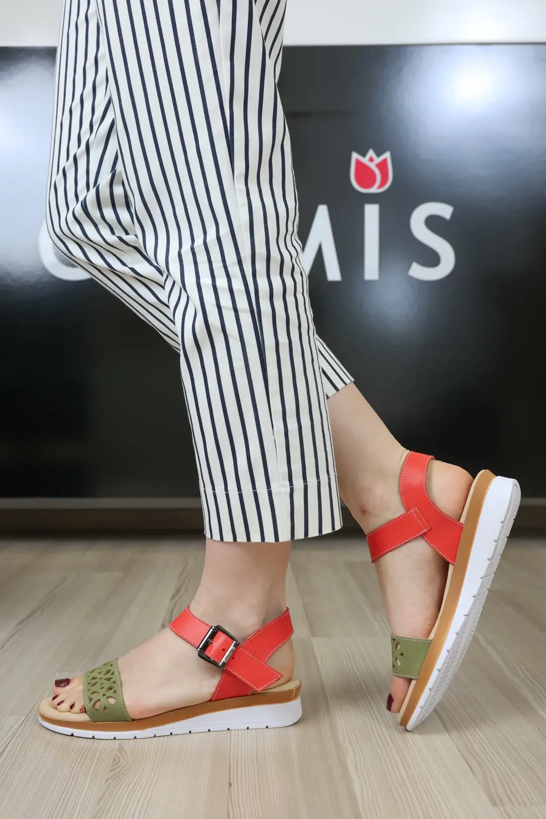 Sandale dama, Glemis, piele naturala - Cod: f-4.64, Culoare: Verde+portocaliu, Talpa: Maro Deschis, Numar: 40