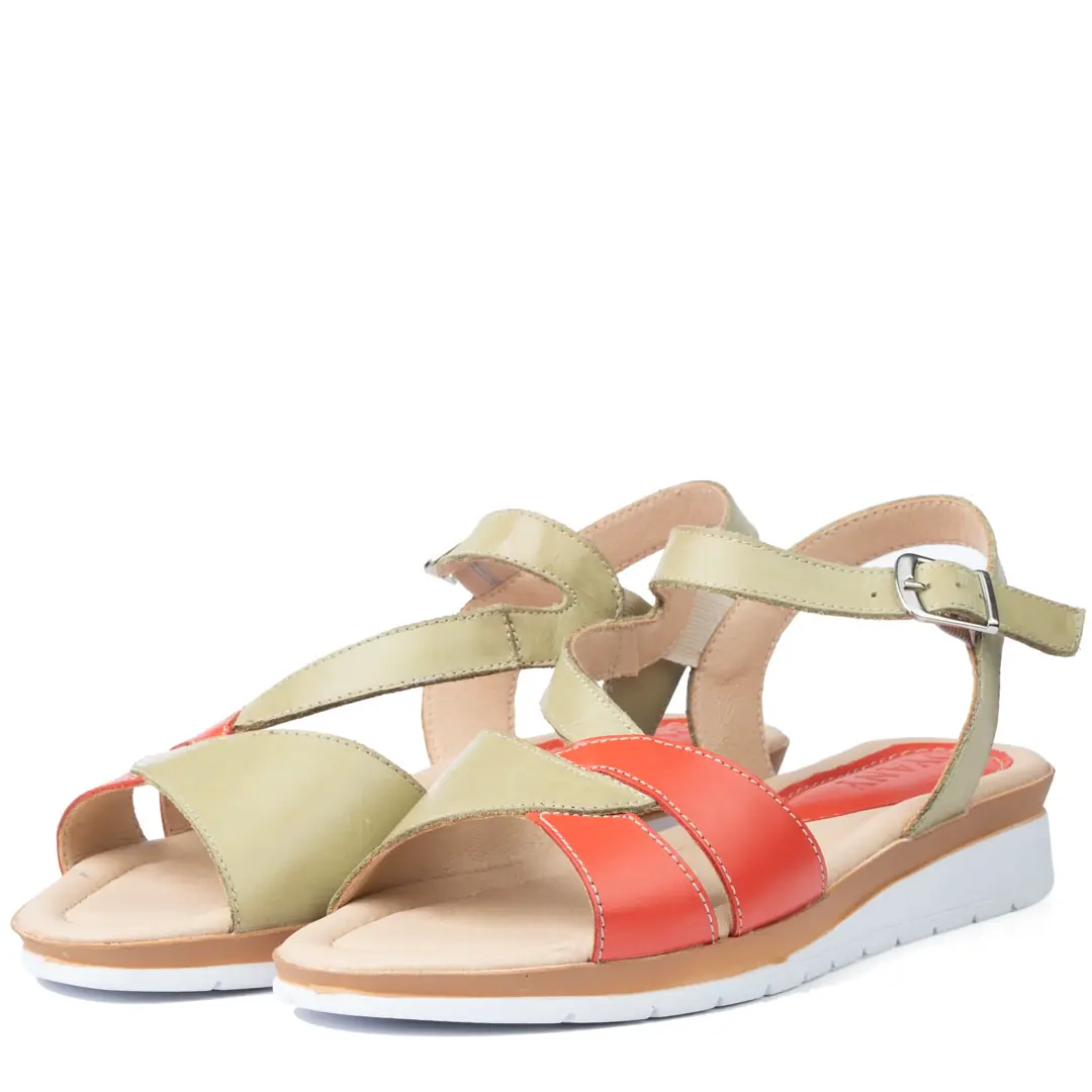 Sandale dama confort, Glemis, piele naturala - Cod: f-4.83, Culoare: Verde+portocaliu, Talpa: Maro, Numar: 40