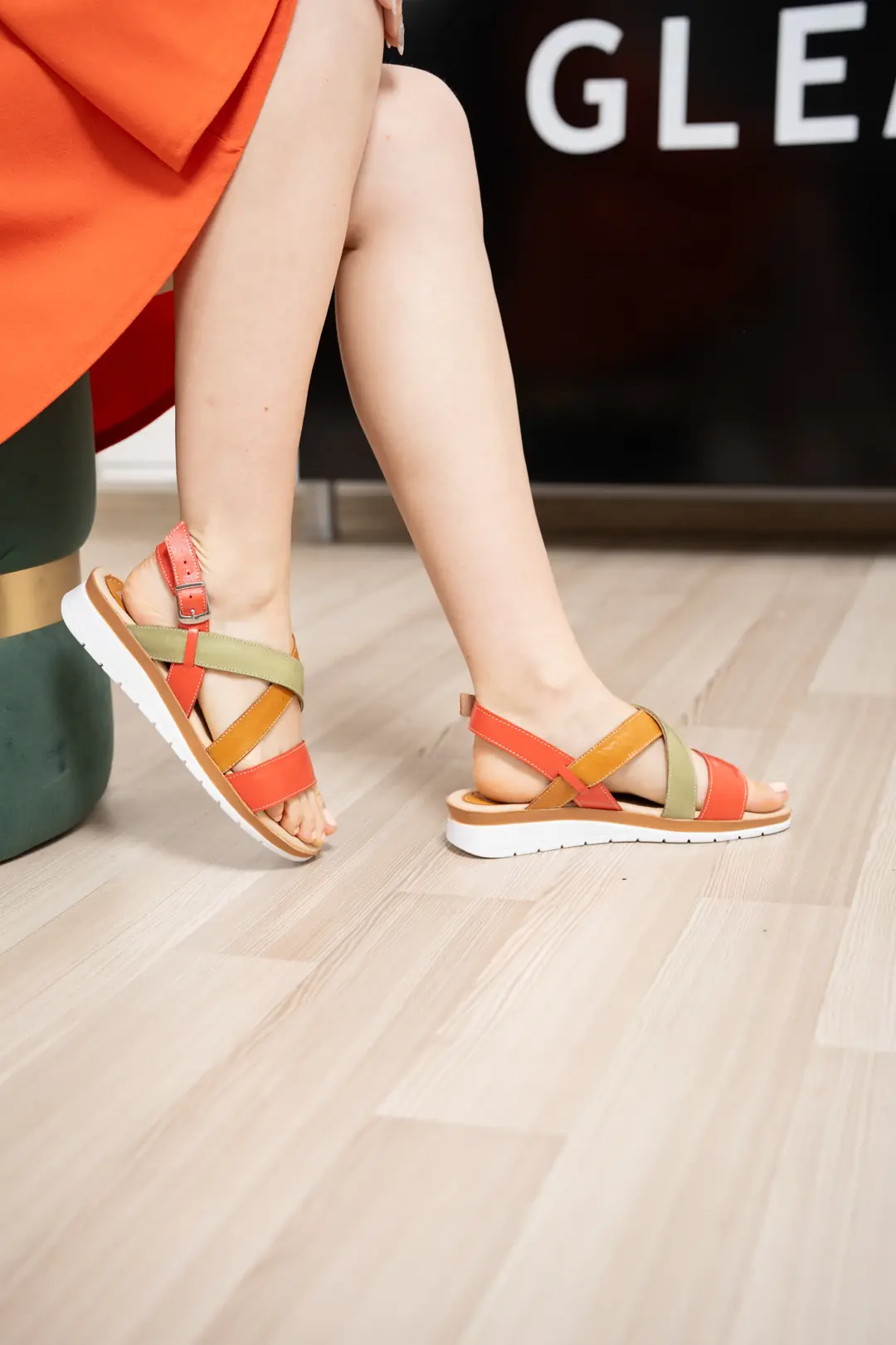 Sandale dama confort, Glemis, piele naturala - Cod: f-4.88, Culoare: Verde+portocaliu, Talpa: Maro, Numar: 36