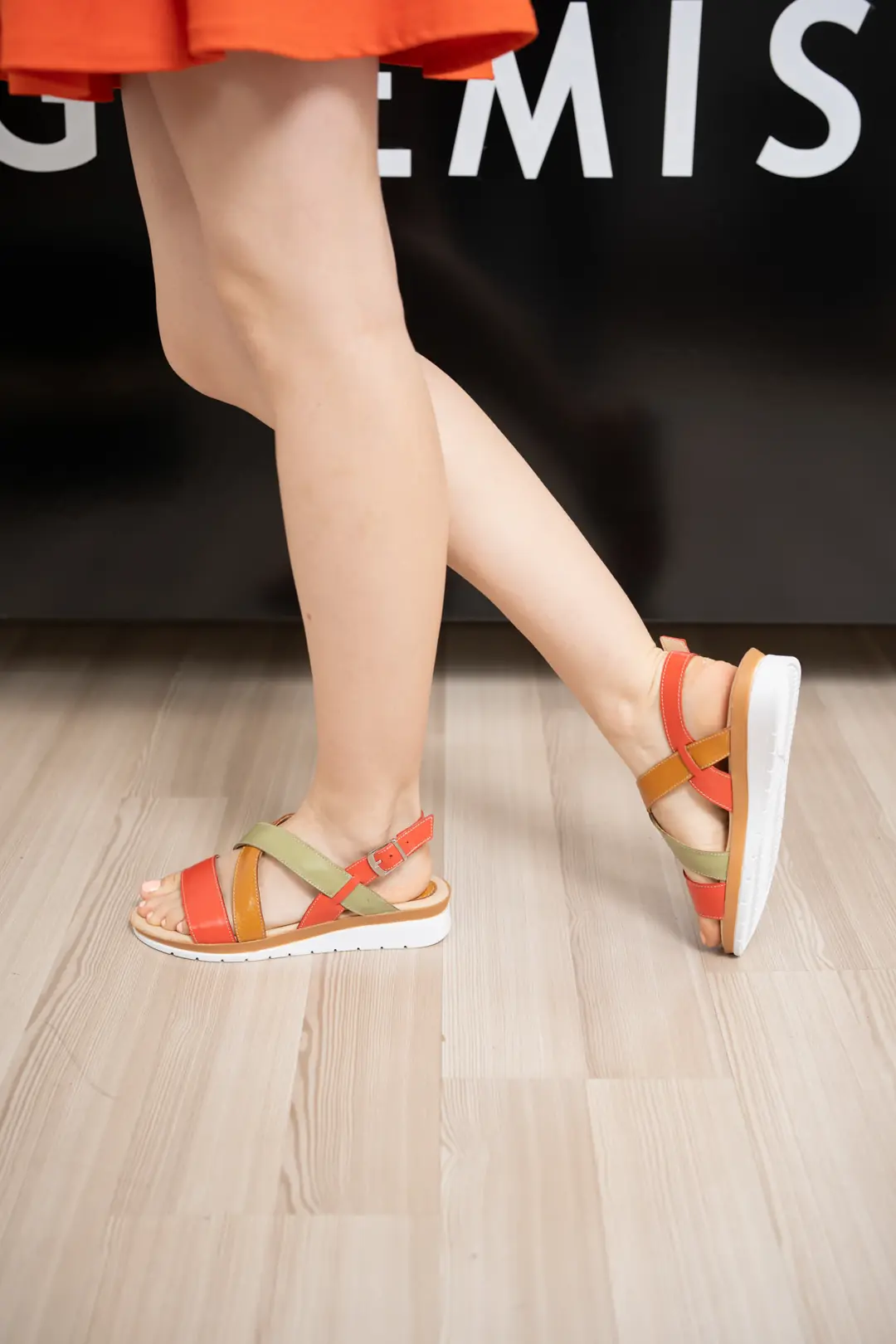 Sandale dama confort, Glemis, piele naturala - Cod: f-4.88, Culoare: Verde+portocaliu, Talpa: Maro, Numar: 36