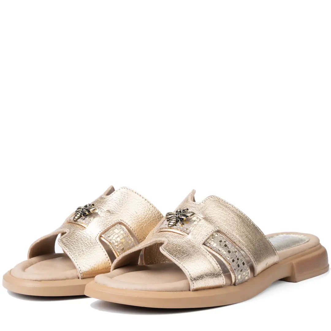 Sandale dama confort, Glemis, piele naturala - Cod: f-4.91, Culoare: Auriu, Talpa: Bej, Numar: 40