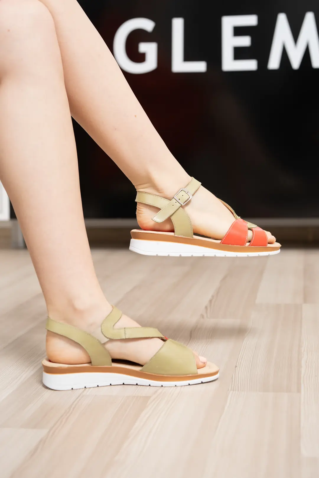 Sandale dama confort, Glemis, piele naturala - Cod: f-4.83, Culoare: Verde+portocaliu, Talpa: Maro, Numar: 39